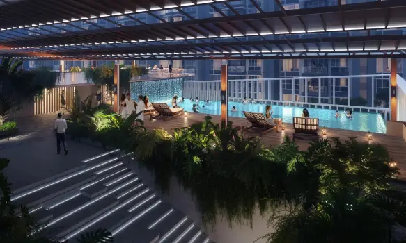 Urbanrise Sky Habitat clubhouse swimming pool deck image by Alliance Group in Miyapur, Hyderabad