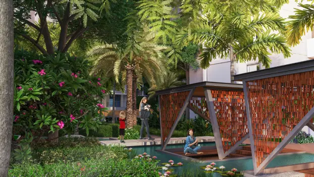 Urbanrise Sky Habitat sunken seating and Koi pond image by Alliance Group in Miyapur, Hyderabad